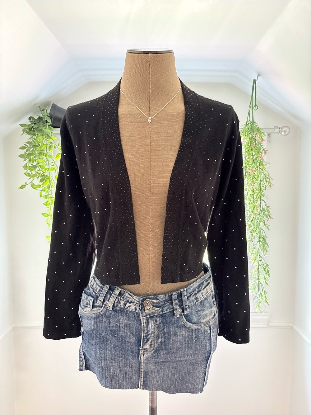 Women's Black Open Front Rhinestone Cropped Cardigan